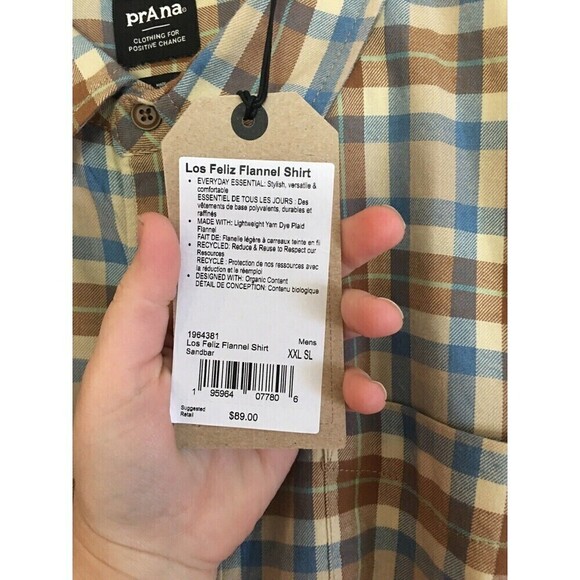 NEW Prana Flannel Button Up Shirt Sandbar Mens XXL Slim Fit 2XL Browns Blue NWT - Picture 6 of 6